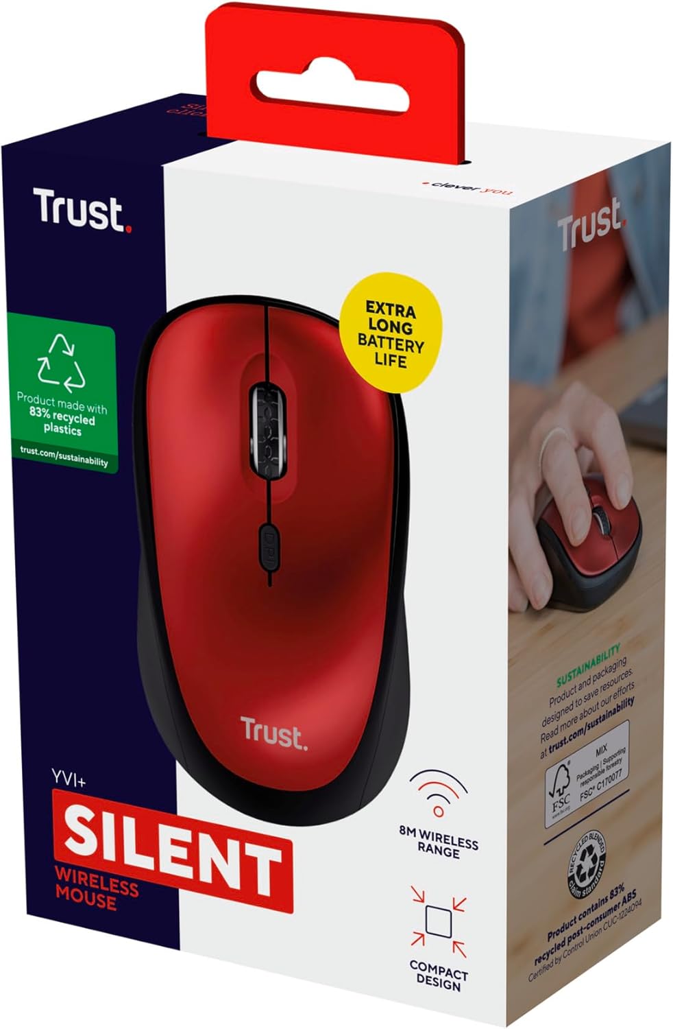 Rato Mini Sem Fios Trust Yvi+ Silent/ Até 1600 DPI/ Vermelho - Imagem 13