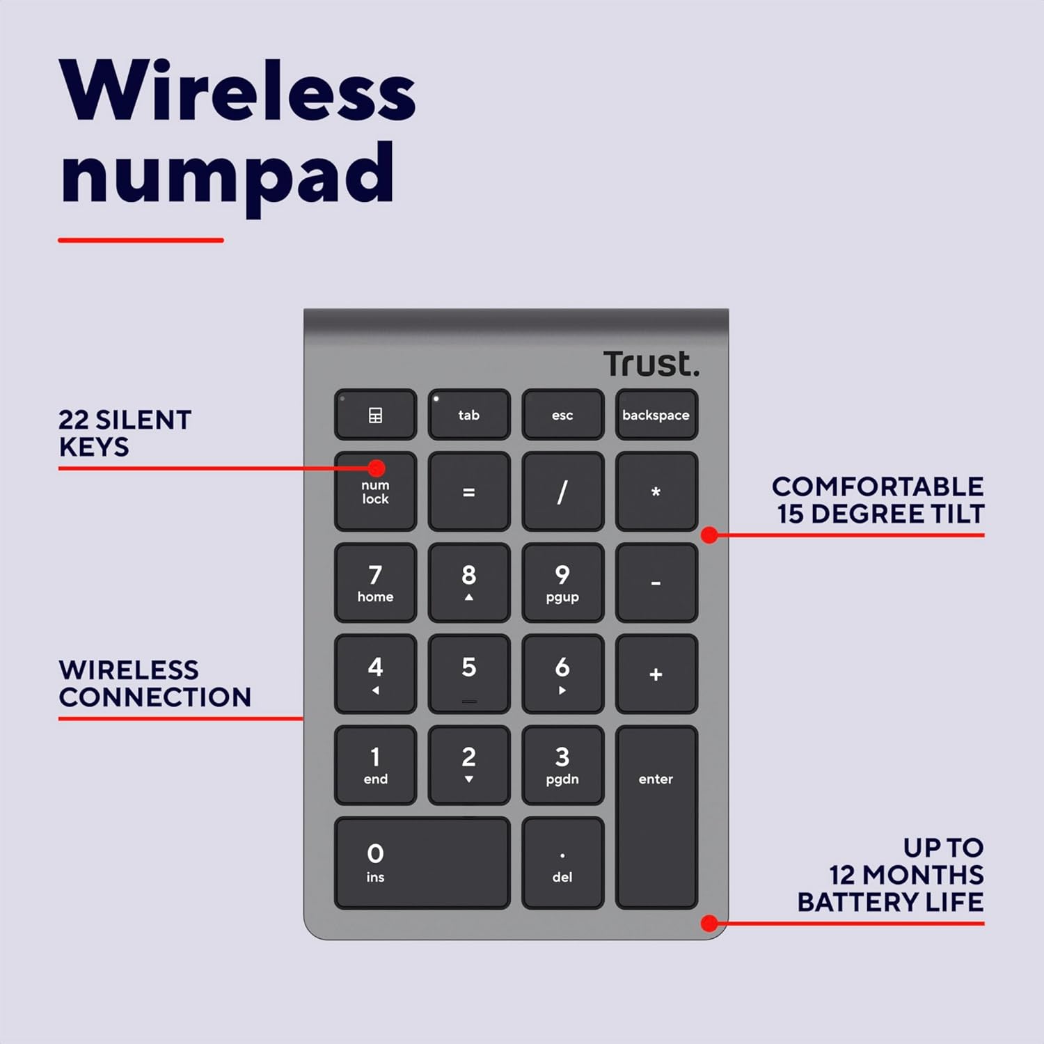 Teclado Numérico Sem Fios Trust Xalas Wireless/ Prateado - Imagem 2
