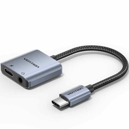 Adaptador de Áudio Vention BIGHA/ USB Tipo-C Macho - Jack 3.5 Fêmea/ USB Tipo-C PD Fêmea/ Cinzento