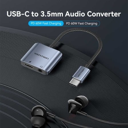 Adaptador de Áudio Vention BIGHA/ USB Tipo-C Macho - Jack 3.5 Fêmea/ USB Tipo-C PD Fêmea/ Cinzento - Imagem 2