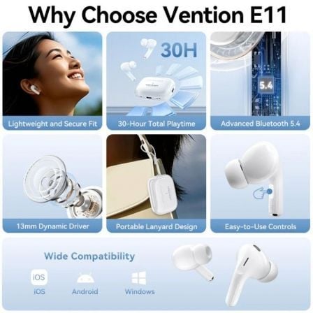 Auriculares Bluetooth Vention Echo Lite E11 com estojo de carregamento/ Autonomia 6h/ Brancos - Imagem 3