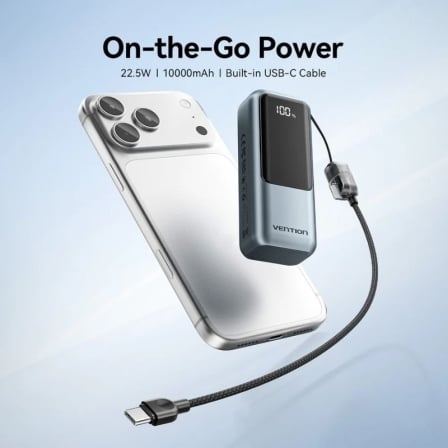 Powerbank Vention FKOH0 10000mAh 22.5W com Cabo USB-C Integrado Cinzento - Imagem 2