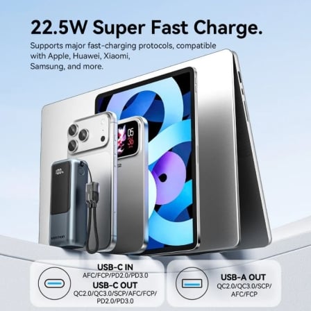 Powerbank Vention FKOH0 10000mAh 22.5W com Cabo USB-C Integrado Cinzento - Imagem 4