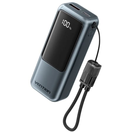 Powerbank Vention FKOH0 10000mAh 22.5W com Cabo USB-C Integrado Cinzento