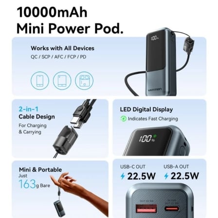 Powerbank Vention FKOH0 10000mAh 22.5W com Cabo USB-C Integrado Cinzento - Imagem 3