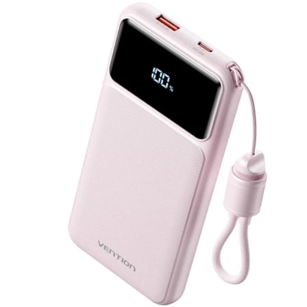 Powerbank Vention 10000mAh 22.5W com Cabo USB-C Integrado Display LED Rosa