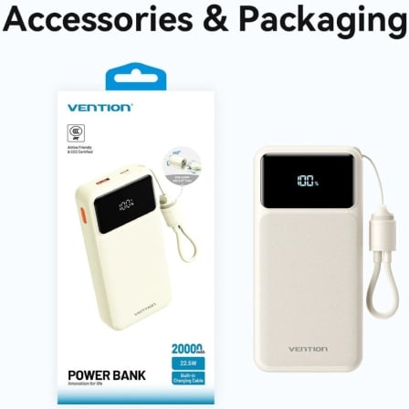 Powerbank Vention 20000mAh 22.5W com Cabo USB-C Integrado e Display LED Rosa - Imagem 5