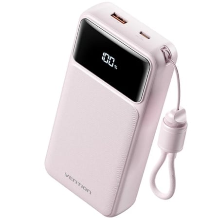 Powerbank Vention 20000mAh 22.5W com Cabo USB-C Integrado e Display LED Rosa