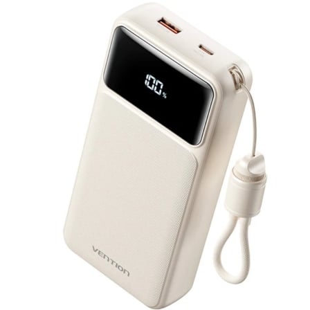 Powerbank Vention 20000mAh 22.5W com Cabo USB-C Integrado e Display LED Branco XGY40