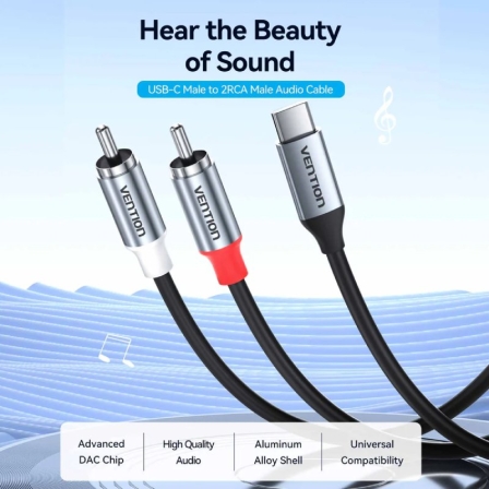 Cabo de Áudio Vention BIK USB-C para 2x RCA Macho 2m com Chip DAC Cinzento - Imagem 2