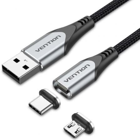 Cabo de Carregamento Magnético USB Tipo-C com Adaptador MicroUSB Vention CQMHD/ MicroUSB Macho - USB Tipo-C Macho/ USB Macho/ Até 60W/ 480Mbps/ 50cm/ Cinzento