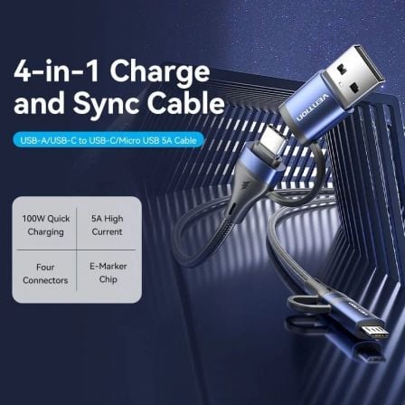 Cabo USB 4 em 1 Vention CTLLF USB-C e USB-A para USB-C e Micro USB 100W 480Mbps 1m Preto e Azul - Imagem 2