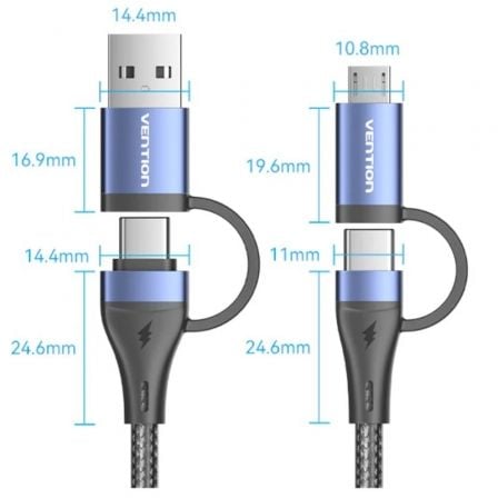 Cabo USB 4 em 1 Vention CTLLF USB-C e USB-A para USB-C e Micro USB 100W 480Mbps 1m Preto e Azul - Imagem 5