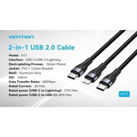 Cabo USB Tipo-C Vention H17BAV/ USB Tipo-C Macho - Lightning Macho/ USB Tipo-C Macho/ 60W/ 480Mbps/ 1.2m/ Preto - Imagem 3