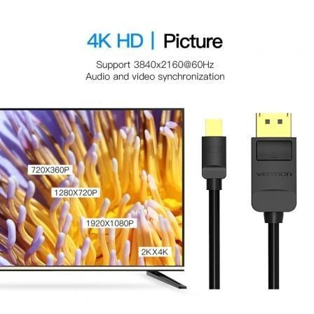 Cabo Conversor Vention HAABH/ Mini DisplayPort Macho - DisplayPort Macho/ 2m/ Preto - Imagem 2