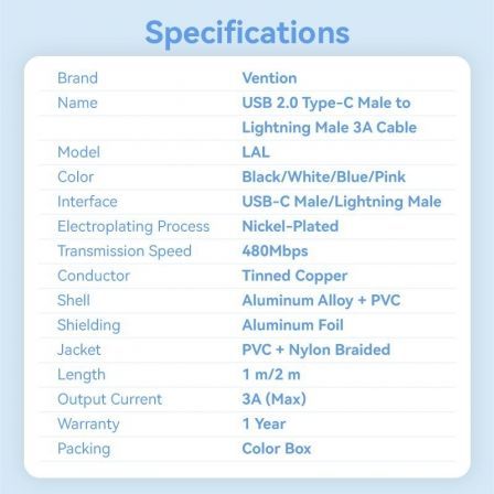 Cabo USB Tipo-C Lightning Vention LALBF/ USB Tipo-C Macho - Lightning Macho/ 27W/ 480Mbps/ 1m/ Preto - Imagem 2