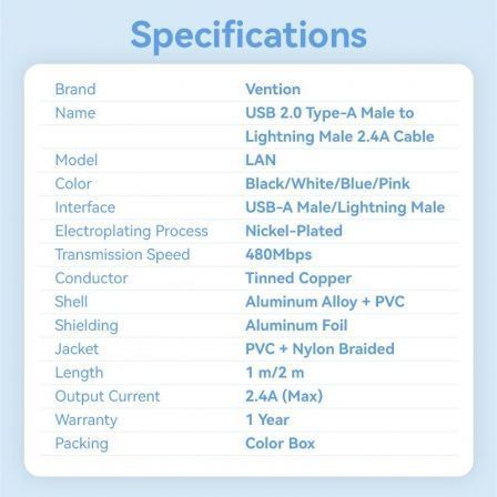 Cabo USB Lightning Vention LANBF/ USB Macho - Lightning Macho/ 480Mbps/ 1m/ Preto - Imagem 3