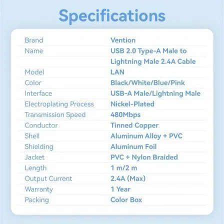 Cabo USB Lightning Vention LANBH 2.4A 480Mbps 2m Preto - Imagem 3