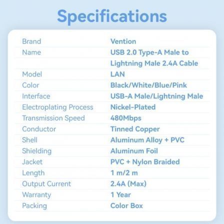 Cabo USB Lightning Vention LANWH/ USB Macho - Lightning Macho/ 480Mbps/ 2m/ Branco - Imagem 3