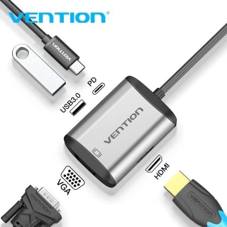 Conversor Vention TFAHB/ 1xUSB/ 1xHDMI/ 1xVGA/ 1xUSB Tipo-C PD/ 15cm/ Cinzento - Imagem 2