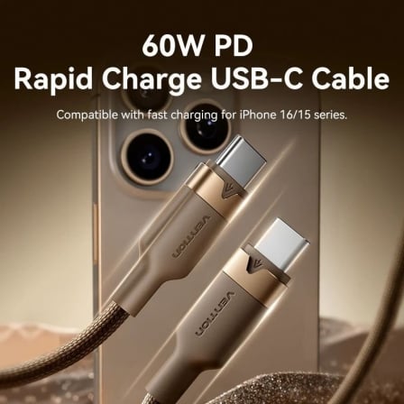 Cabo USB-C para USB-C Vention TRDJF 60W PD 480Mbps 1m Dourado Deserto - Imagem 2