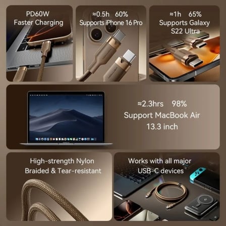 Cabo USB-C para USB-C Vention TRDJF 60W PD 480Mbps 1m Dourado Deserto - Imagem 3