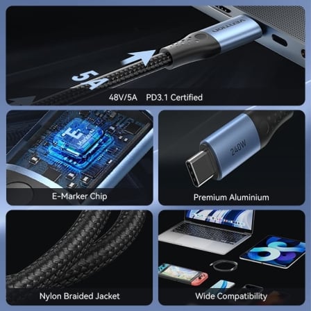 Cabo USB 2.0 Tipo-C 5A Vention TREBD/ USB Tipo-C Macho - USB Tipo-C Macho/ Até 240W/ 480Mbps/ 50cm/ Azul e Preto - Imagem 2