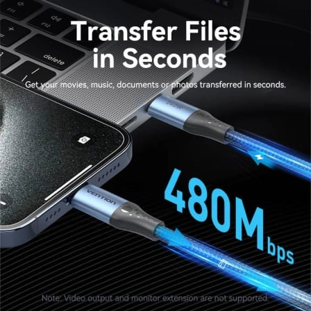 Cabo USB 2.0 Tipo-C 5A Vention TREBH/ USB Tipo-C Macho - USB Tipo-C Macho/ Até 240W/ 480Mbps/ 2m/ Azul e Preto - Imagem 3