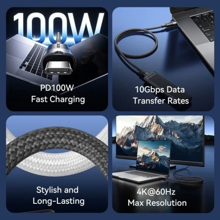 Cabo USB 3.2 Tipo-C 5A Vention TRGBF/ USB Tipo-C Macho - USB Tipo-C Macho/ Até 100W/ 10Gbps/ 1m/ Preto - Imagem 2