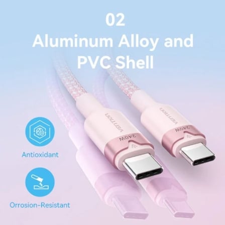 Cabo USB 2.0 Tipo-C 5A Vention TRIPF/ USB Tipo-C Macho - USB Tipo-C Macho/ Até 240W/ 480Mbps/ 1m/ Rosa - Imagem 2