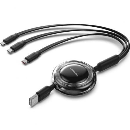 Cabo USB Retrátil Vention TRJBBE/ USB Macho - Lightning/ 2xUSB Tipo-C/ Até 17.5W/ 10Gbps/ 1.1m/ Preto