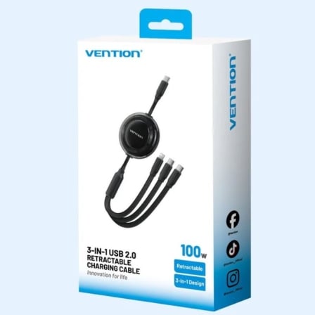 Cabo USB-C 3 em 1 Retrátil Vention TRKBBE USB-C e Lightning 100W 1.1m Preto - Imagem 3