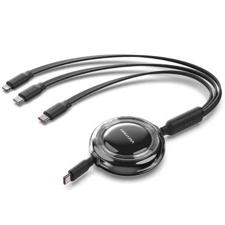 Cabo USB-C 3 em 1 Retrátil Vention TRKBBE USB-C e Lightning 100W 1.1m Preto