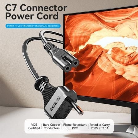 Cabo de Alimentação Forma 8 Vention ZCLBAC/ CEE7/16 Macho - C7 Fêmea/ 1.8m - Imagem 3