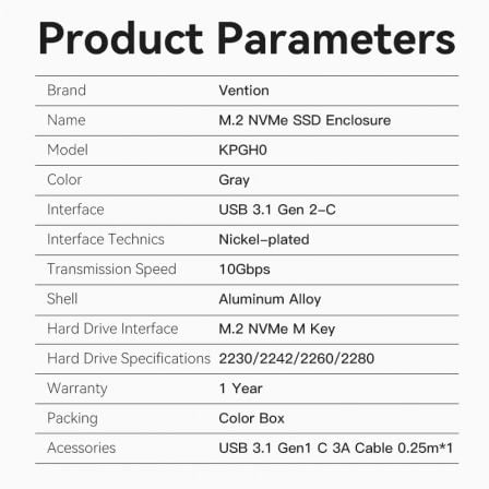 Caixa Externa SSD M.2 NVMe Vention KPGH0 USB-C 3.1 Gen 2 10Gbps Alumínio Cinzento - Imagem 3