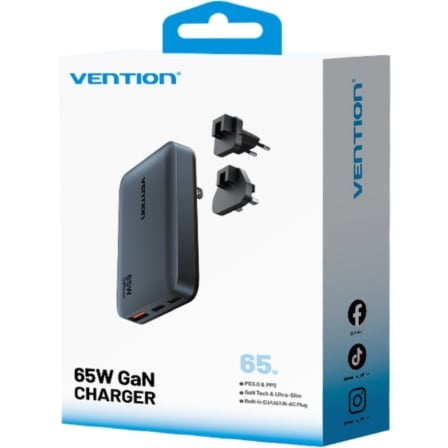 Carregador de Parede Universal GaN para Viagem Vention FCBH0/ 2xUSB Tipo-C/ 1x USB/ 65W - Imagem 5