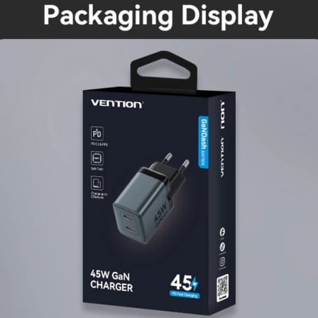 Carregador de Parede Vention GaN FCDH0-EU 45W 2x USB-C PD 3.0 PPS Cinzento Antracite - Imagem 5