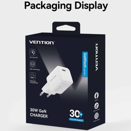 Carregador de Parede GaN Vention FCIW0-EU USB-C 30W Branco - Imagem 5