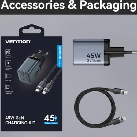 Carregador de Parede Vention GaN 45W 2x USB-C com Cabo USB-C 1m Cinzento TZ-FCDH0-EU - Imagem 5