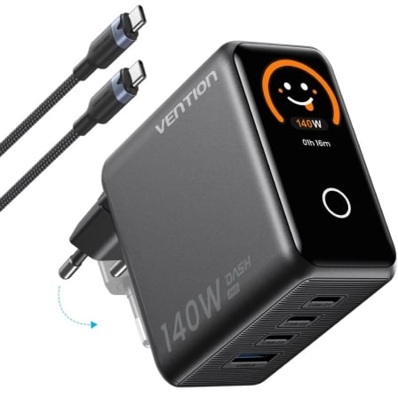 Carregador de Parede Vention GaN 5.0 140W 3x USB-C 1x USB-A com Ecrã LED e Cabo USB-C 1m Cinzento Titânio