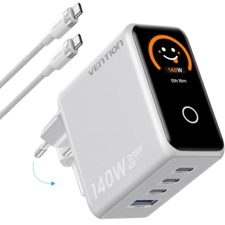 Carregador de Parede Vention GaN 5.0 140W 4 Portas (3x USB-C + 1x USB-A) Ecrã LED com Cabo USB-C 1m Prateado