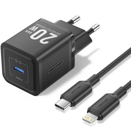 Carregador de Parede GaN Vention TZ-FEPB0-EU-02/ 1xUSB Tipo-C + Cabo Lightning/ 20W