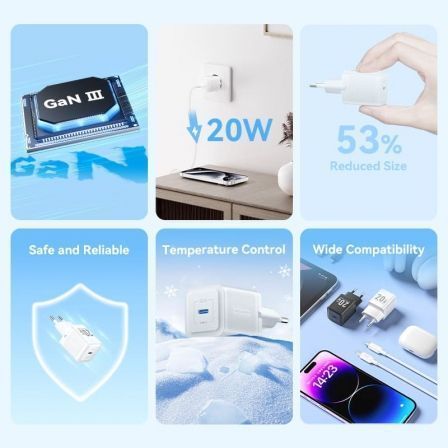 Carregador de Parede GaN Vention TZ-FEPW0-EU-01/ 1xUSB Tipo-C + Cabo USB Tipo-C/ 20W - Imagem 3