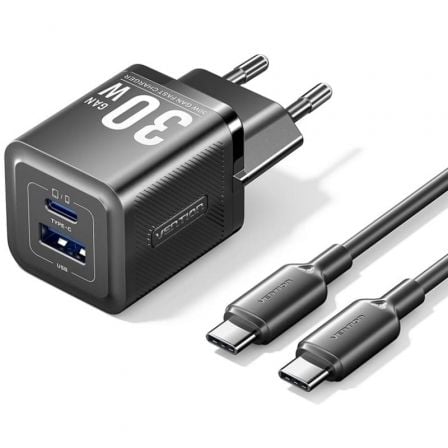 Carregador de Parede GaN Vention TZ-FEQB0-EU-01/ 1xUSB Tipo-C/ 1xUSB + Cabo USB Tipo-C/ 30W