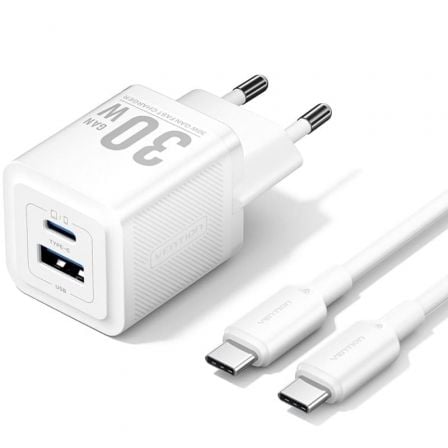 Carregador de Parede GaN Vention TZ-FEQW0-EU-01/ 1xUSB Tipo-C/ 1xUSB + Cabo USB Tipo-C/ 30W