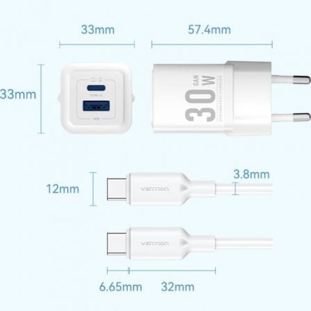 Carregador de Parede GaN Vention TZ-FEQW0-EU-01/ 1xUSB Tipo-C/ 1xUSB + Cabo USB Tipo-C/ 30W - Imagem 5