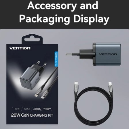 Carregador de Parede Vention GaN 20W USB-C com Cabo Lightning 1m Cinzento TZ-FEV-EU - Imagem 5