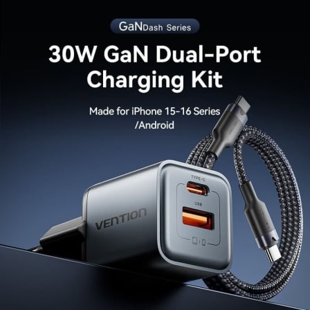 Carregador de Parede GaN Vention TZ-FEWH0-EU/ 1xUSB Tipo-C/ 1xUSB/ 30W - Imagem 2