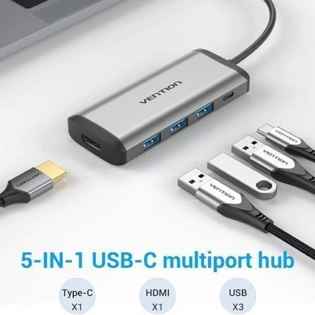 Docking USB Tipo-C Vention CNBHB/ 1xHDMI 4K/ 3xUSB/ 1xUSB Tipo-C PD/ Cinzento - Imagem 2