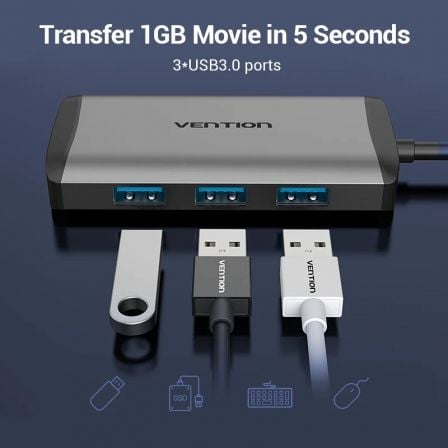 Docking USB Tipo-C Vention CNCHB/ 1xHDMI 4K/ 3xUSB/ 1xUSB Tipo-C PD/ 1xRJ45/ Cinza - Imagem 5